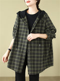 Women's Oversized Sport Button Up Plaid Hooded Jacket