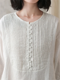 Retro Pleated Crew Neck Linen Short Sleeve Shirt for Female