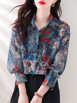 Women's Chiffon Shirt with Flower Ink Painting