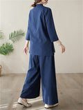 Women's Elegant Cozy Solid Color Stand Collar Shirt + Wide Leg Pants