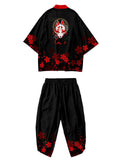 Men's Anime Red Fox Sakura Print Cardigan Shirt Casual Pants