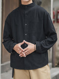 Simple Style Stand Collar Long Sleeve Linen Shirt for Men