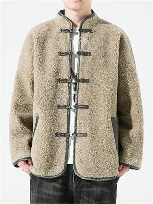 Men's Fashion Button Stand Collar Faux Lamb Wool Jackets