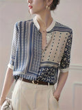 Elegant Stand Collar Geometric Print Single-Breasted Shirt for Lady