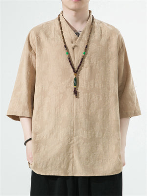 Men's Buddhist Plain Linen Jacquard Half Sleeve Shirt