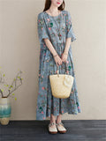 Women's Peach Blossom Print Round Neck Half Sleeve Cotton Dress