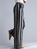 Retro Black Grey Stripes Cozy Linen Wide Leg Pants for Women