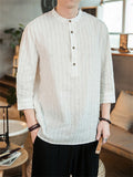 Relaxed Cotton Linen Stylish Striped Men's 3/4 Sleeve Shirt