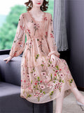 Women's Flowy Mulberry Silk Midi Dress with Floral Embroidery