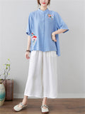 Women's Flowers Embroidered Stand-up Collar Half Sleeve Shirt