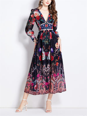 Flowy Chiffon Elegant Front Split Floral Print Dress for Lady