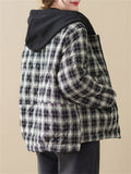 Women's Casual Hooded Zipper Short Plaid Cotton Coat