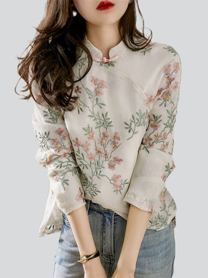 Female Spring Peach Blossom Print Long Sleeve Shirt