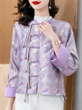 Female Elegant Tassel Button Chrysanthemum Print Jacket