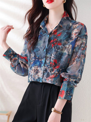 Women's Chiffon Shirt with Flower Ink Painting