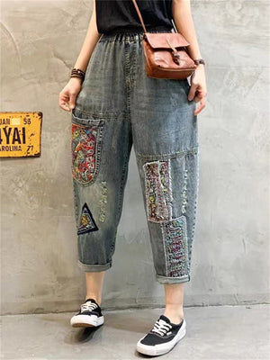 Female Ethnic Style Embroidery Patch Elastic Waist Denim Pants