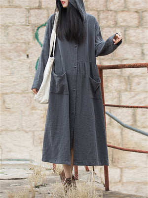 Women's Stylish Cotton Linen Long Hooded Robe with Pockets