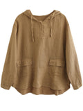 Plain Cotton Linen Long Sleeve Hooded Shirt for Women