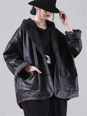 Women's Black Vintage Extra Loose Leather Jacket