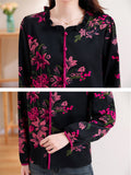 Rose Red Lily Print Ruffled Collar Long Sleeve Shirt for Ladies