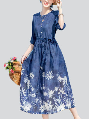 White Flower Print Round Neck Half Sleeve Blue Dress for Lady