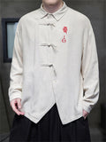 Men's Vintage Hanzi Embroidery Button Irregular Hem Shirt