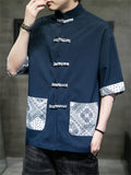 Men's Ethnic Printed Patch Pocket Half Sleeve Tang Suit Shirt
