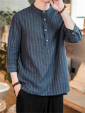 Relaxed Cotton Linen Stylish Striped Men's 3/4 Sleeve Shirt