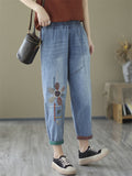 Women's Casual Floral Embroidery Blue Washed Denim Pants