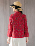 Women's Mini Floral Print Vintage Stand Collar Linen Shirt