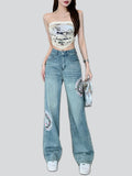 Female Stylish Chinese Style Embroidered Denim Trousers