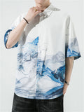 Chinese Landscape Ink Painting Vintage Shirt for Men