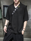 Men's Retro Linen V Neck Hanzi Embroideried Summer Shirt