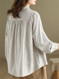 Female Popular Cotton Linen Button Up Pocket Striped Shirts