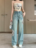 Female Stylish Chinese Style Embroidered Denim Trousers