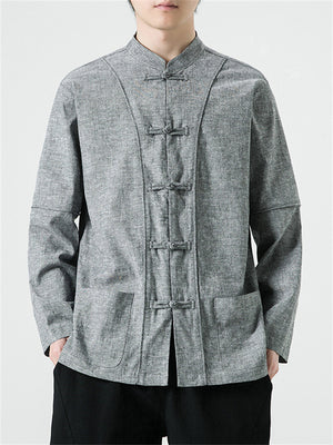 Men's Autumn Vintage Patchwork Cotton Linen Tang Suit Shirt