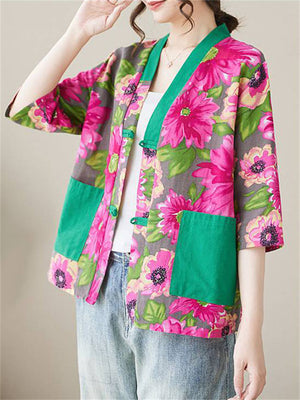 Rose Red Floral Print Half Sleeve Button Shirt for Women