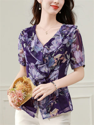 V-neck Ruffled Floral Chiffon Shirt for Women