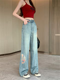 Female Stylish Chinese Style Embroidered Denim Trousers