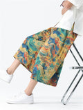 Men's Chinese Style Ancient Dragon & Crane Print Cropped Pants