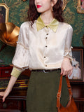 Ladies Silky Lapel Lantern Sleeve Patchwork Shirts