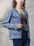 Women's Fashion Multi Pocket Blue Denim Short Jacket