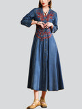 Women’s Autumn Elegant V-Neck Embroidery Denim Pleated Dress