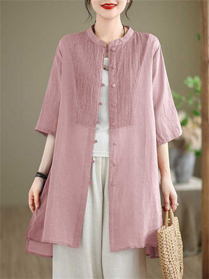 Female Leisure Cotton Linen 3/4 Sleeve Mid-Length Shirt