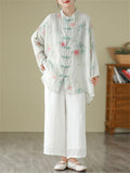 Lady Stand-up Collar Floral Printed Chinese Style Shirts