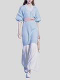 Ladies Stylish Blue Knitted Sweater & White Wide Leg Pants Two-piece Sets