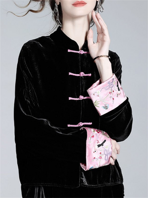 Ladies Luxury Black Velvet Stand Collar Tang Suit Shirt