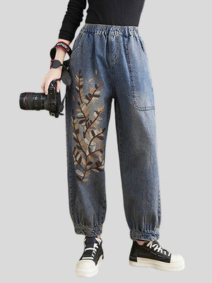 Women's Casual Plant Embroidery Loose Denim Harem Pants