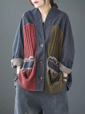 Female Distressed Patchwork Splicing Knitted Coats