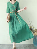 Women's V-Neck Ethnic Style Cotton Linen Side Pocket Dress